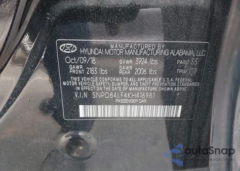 2019 Hyundai Elantra Sel из США, поврежденный, VIN 5NPD84LF4KH416981